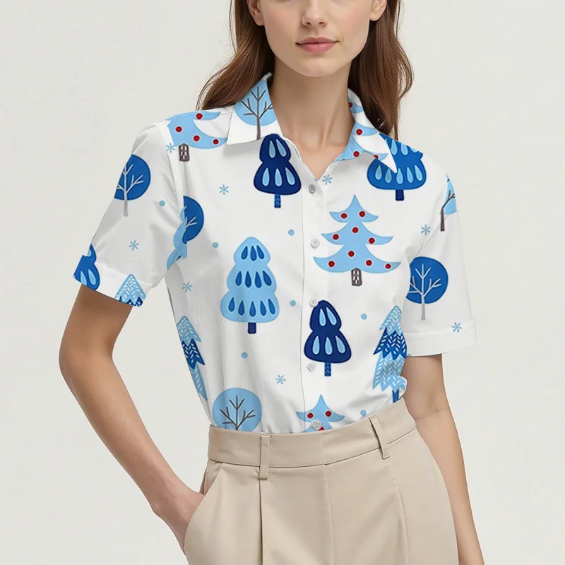 Christmas Snowflake and Christmas Tree Print Women's Regular Short-Sleeve Shirt, Simple and Stylish for Everyday Wear