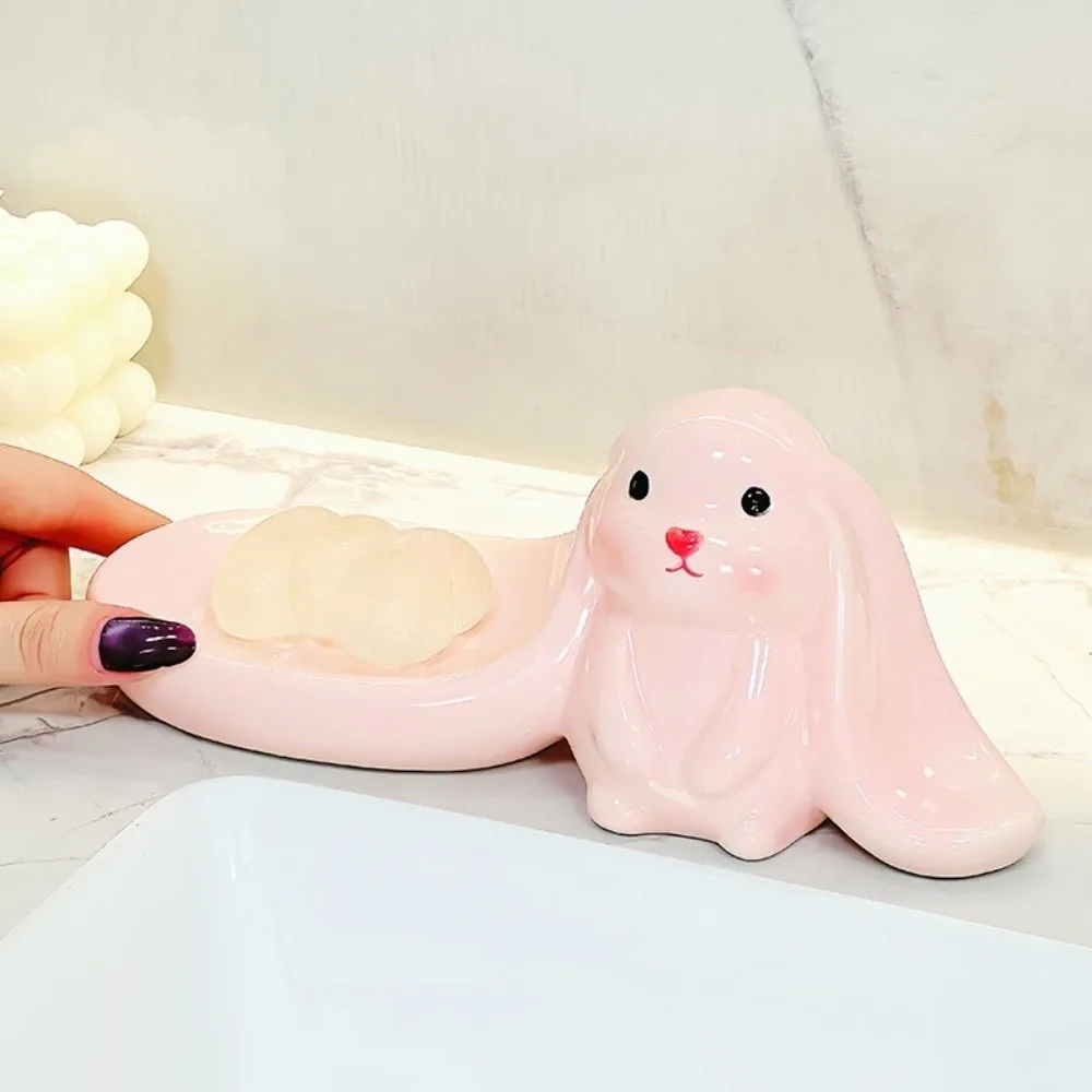 

Cute Rabbit Soap Dish Pink Soap Container Long Eared Rabbit Soap Holder Soap Box Ceramic Bathroom Decor Organizer Kitchen