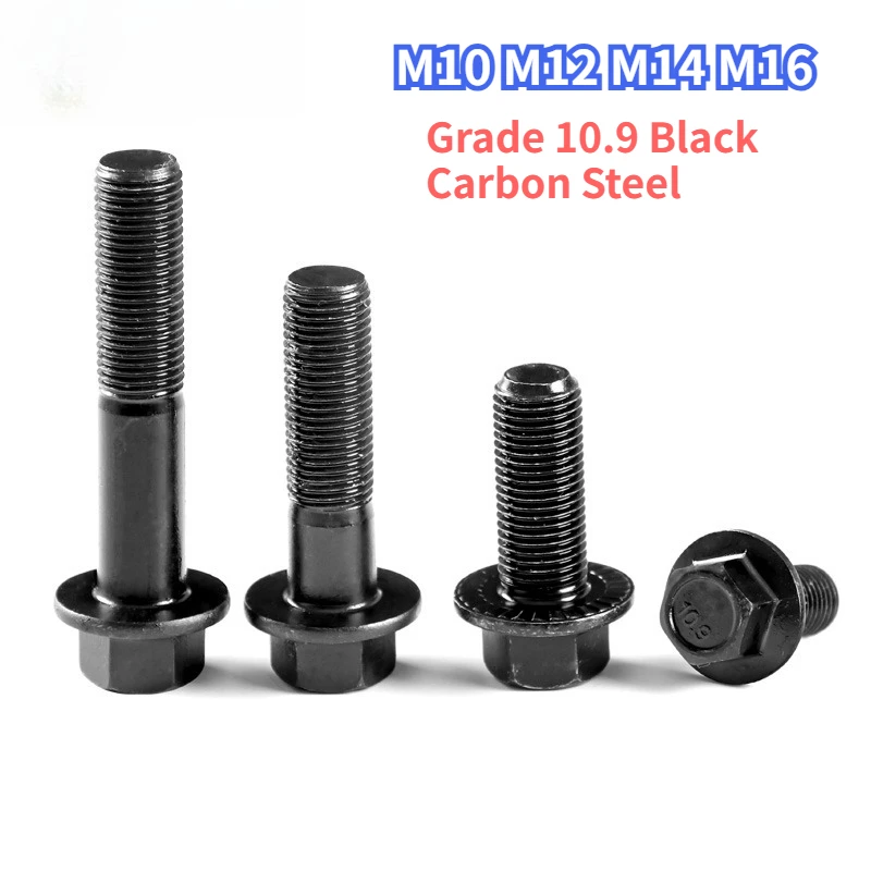 M10 M12 M14 M16 Grade 10.9 Black Carbon Steel Outer Hexagon Flange Bolt Hex Flange Cap Screw Bolt Fastener Pitch 1.25/1.5mm