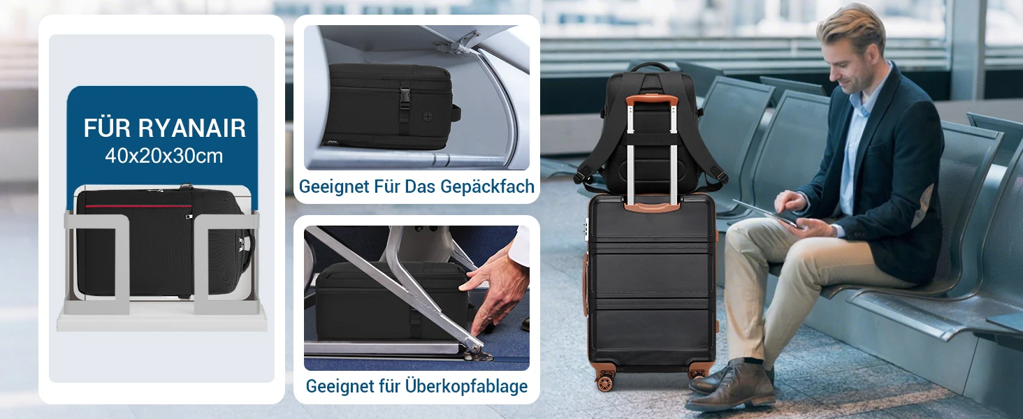 KONO Ryanair & Eurowings Handgepäck-Rucksack 40x30x20 cm 24L 500g mit USB-Ladeanschluss – Detail 3