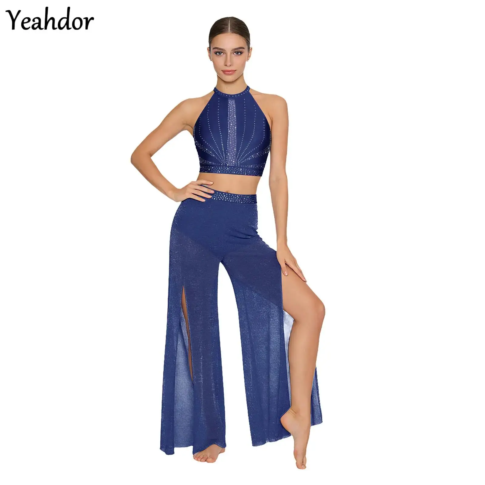 

Womens Lyrical Dance Outfit Rhinestone Crop Tank Top And Shimmering Mesh Wide Leg Pants Leotard Skating Modern Ballet Dancewear