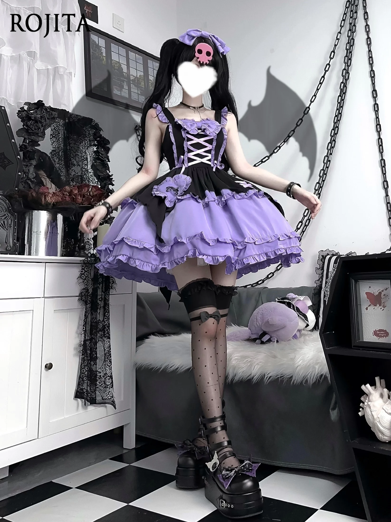 Sommerkleid Damen Original Design Lolita Kleid Lila und Schwarz Halloween Hexe Lolita JSK Hosenträgerkleid Haarnadel Kostenlos