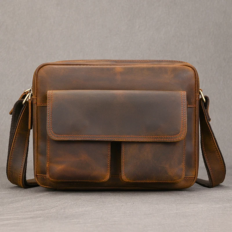 Genuine Leather Men's Vintage Messenger Bag Thick Cow Leather Shoulder Bag Small Casual Crossbody Sling Bag Cowhide Briefcase