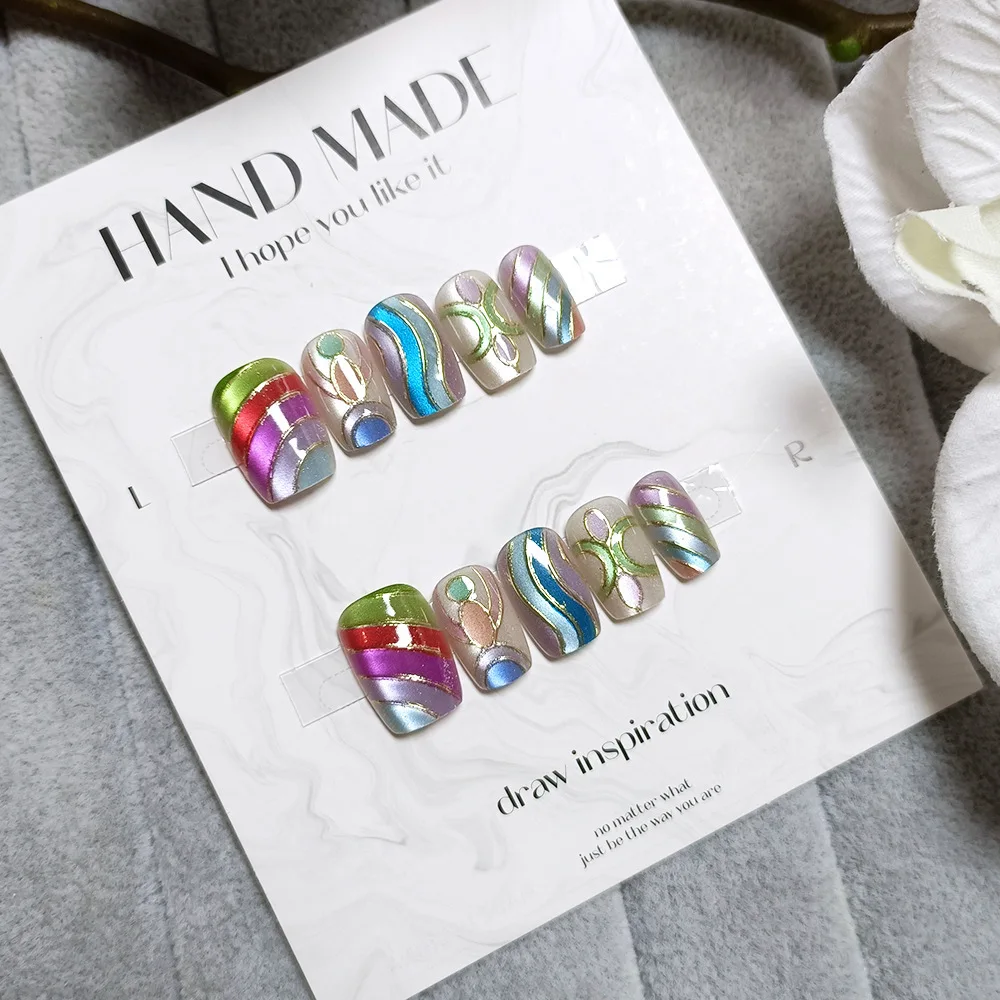 

10 шт., накладные ногти, короткие квадратные кошачьи глаза, мечтательные цветные пятнистые стеклянные цветные маникюрные кончики ногтей, многоразовые накладные ногти