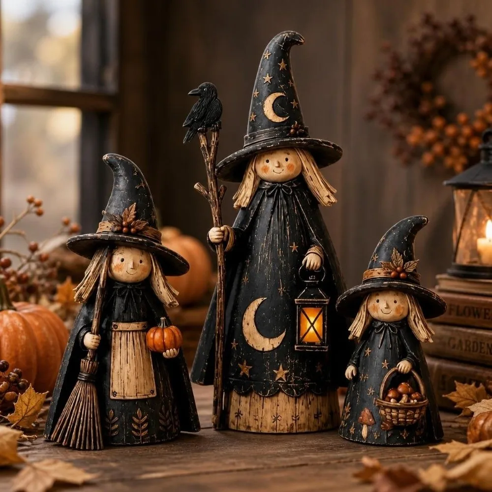 3pcs Wooden Halloween Decoration Set Scarecrow Sculpture 2D Flat Crow Witch Statue Set Harvest Figurines Dark Style