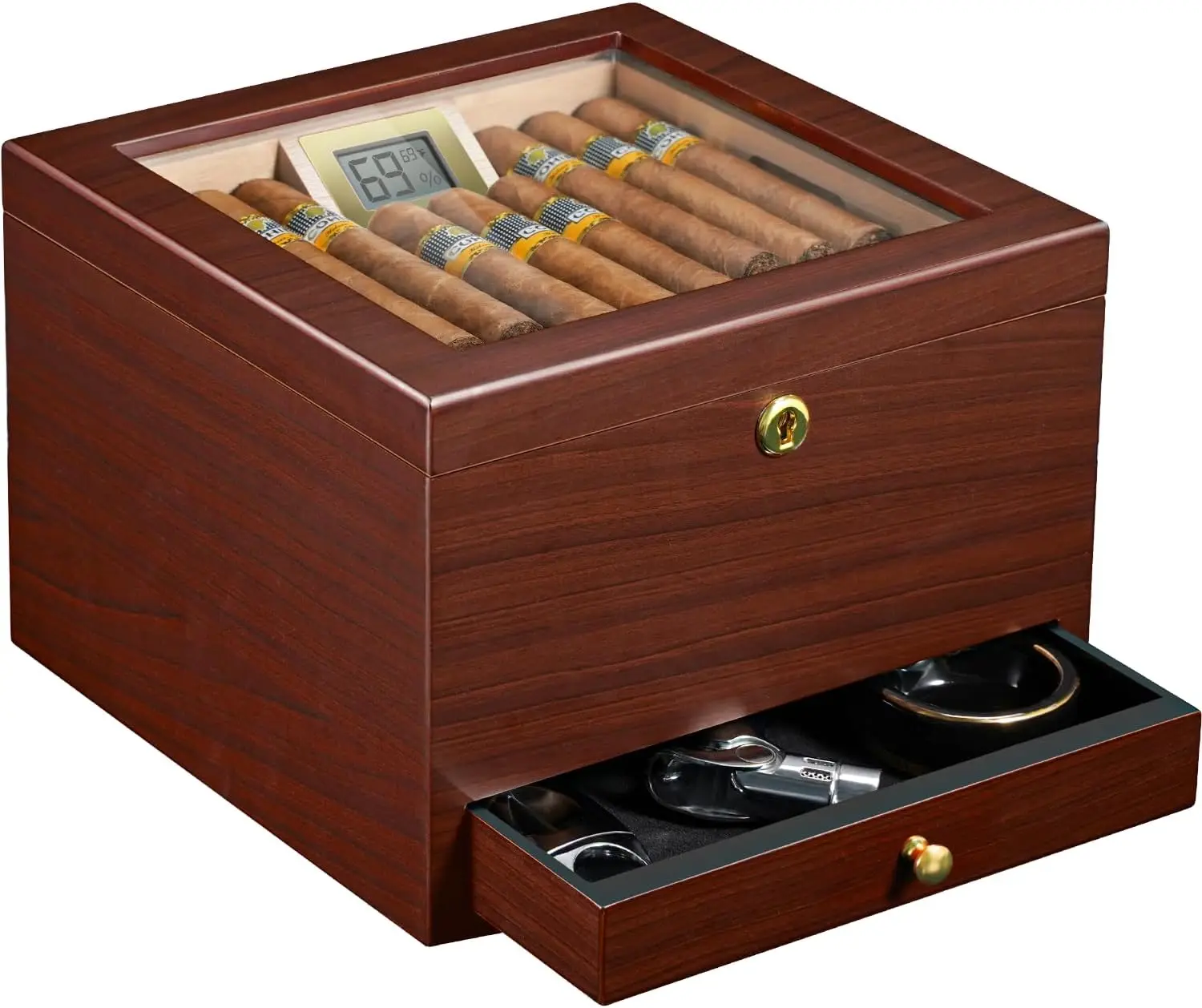 

Cigar Humidor with Air Circulation, Holds 40 Robustos, Digital Hygrometer, Drawer & Lock for Cigar Enthusiasts
