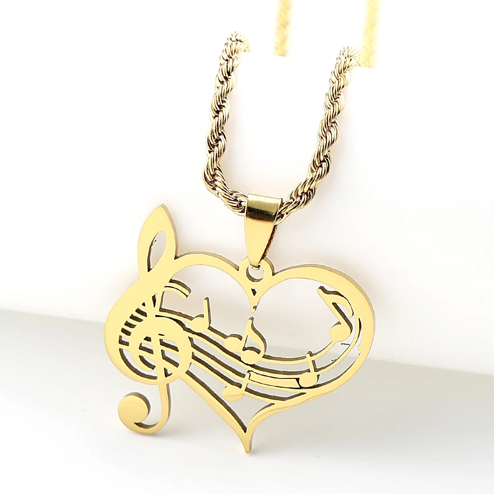 Heart Treble Clef Music Note Pendant Necklace Stainless Steel Sheet Music Charm Silver Color Chain Jewelry Gift For Music Lover
