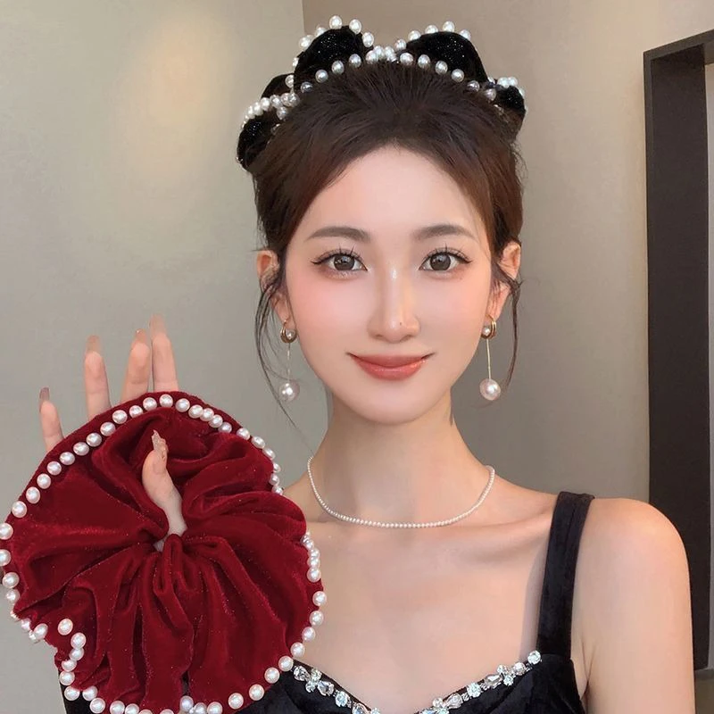 ภาษาฝรั่งเศสคํา Vintage Pearl กํามะหยี่ Scrunchies ผมเชือกขนาดใหญ่ลําไส้ Hairband อารมณ์ที่เรียบง่ายแหวนผม Headwear อุปกรณ์เสริมผม