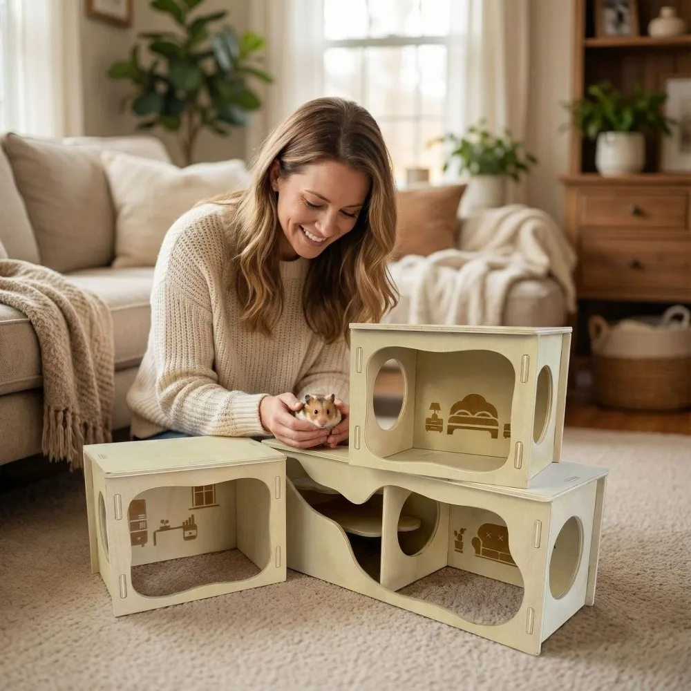 New Wooden Hamster House Detachable Chew-Resistant Small Pets Habitat Climbing Structure Stackable Hamster Villa Pet Play Area
