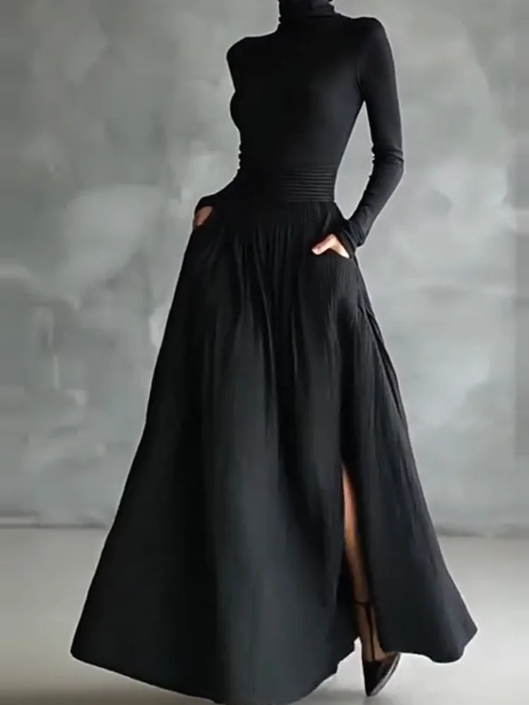 Elegant Turtleneck Pullover & Long Skirt Set Women Casual Long Sleeve Pocket Solid Skirt Outfits Fashion Draped Slim 2Pc Suits