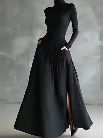 Elegant Turtleneck Pullover & Long Skirt Set Women Casual Long Sleeve Pocket Solid Skirt Outfits Fashion Draped Slim 2Pc Suits