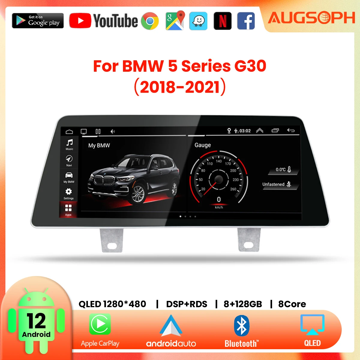 

Android 12 Car Radio for BMW 5 Series G30 G31 G38 2018-2021,10. 25" QLED 8 Core Multimedia Stereo Player with 4G Carplay & GPS