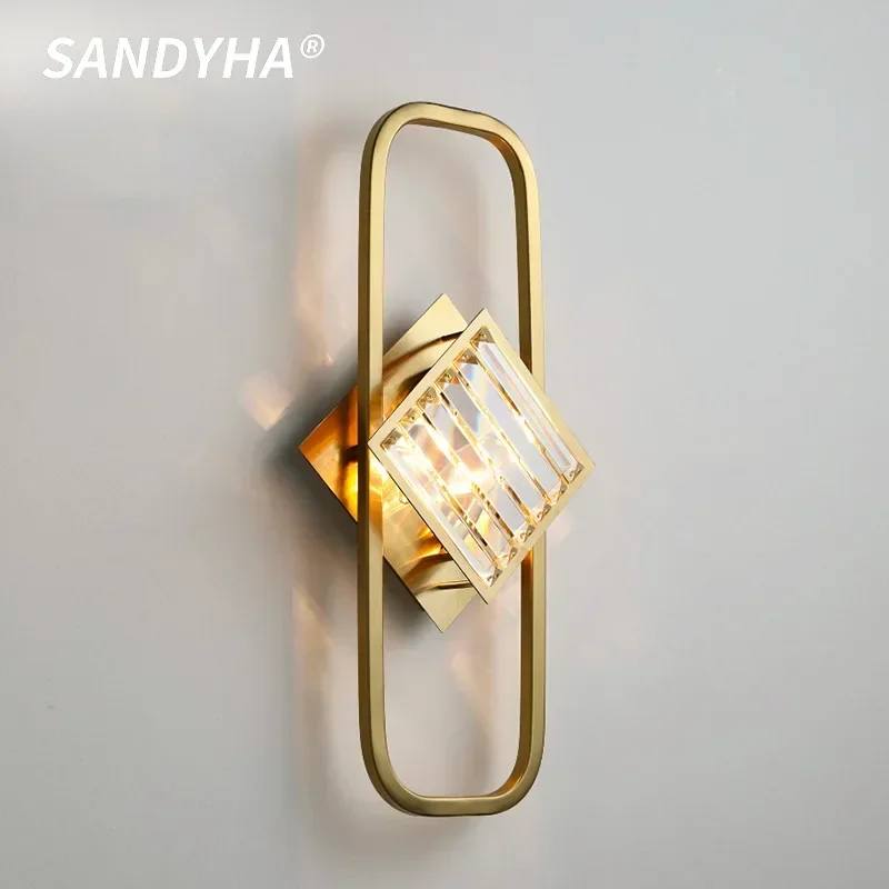 

SANDYHA Nordic Crystal LED Wall Lamps for Living Room Bedroom Decoration Golden Square Wrought Iron Interior Lighting Fixtures