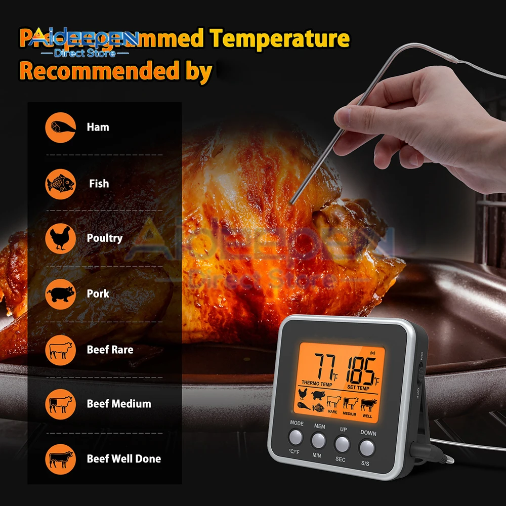 Digital Oven Thermometer Kitchen Meat Thermometeer Fahrenheit Celsius Conversion Countdown/Timer LCD Backlight BBQ Thermometer