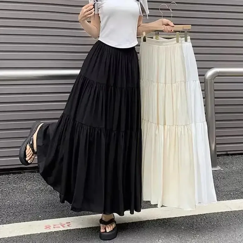 

Новая женская корейская многоярусная макси-юбка с эластичной резинкой на талии, повседневная однотонная трапециевидная юбка Faldas Mujer, праздничная уличная одежда, длинная черная юбка