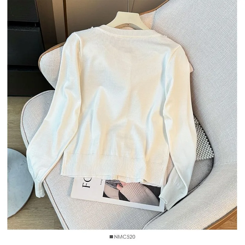 Frauen Pullover 2025, Frühling Herbst Neue Französisch Stil Tops Perle Perlen Langarm 3d Blume Koreanische Mode Strickjacke Kleidung