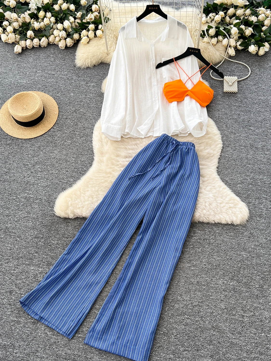 

Пляжный комплект для женщин: повседневные свободные брюки с защитой от солнца и полосатые широкие брюки-палаццо, модный двухсоставный набор