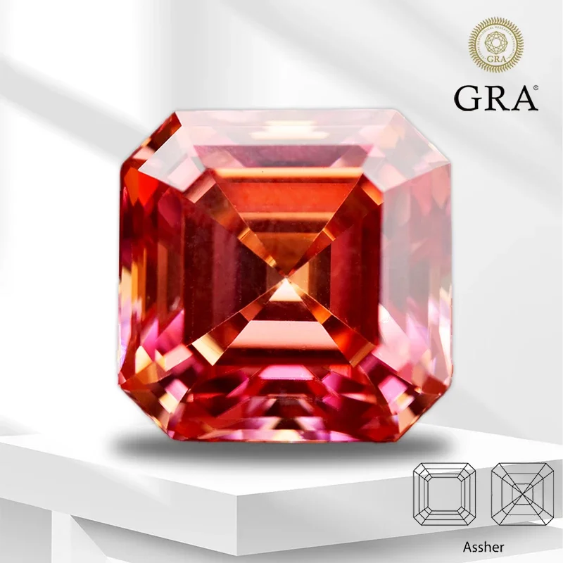 

Moissanite Stone Watermelon Red Color Asscher Cut Pass Diamond Tester Top Charms Jewelry Making Materials With GRA Certificate