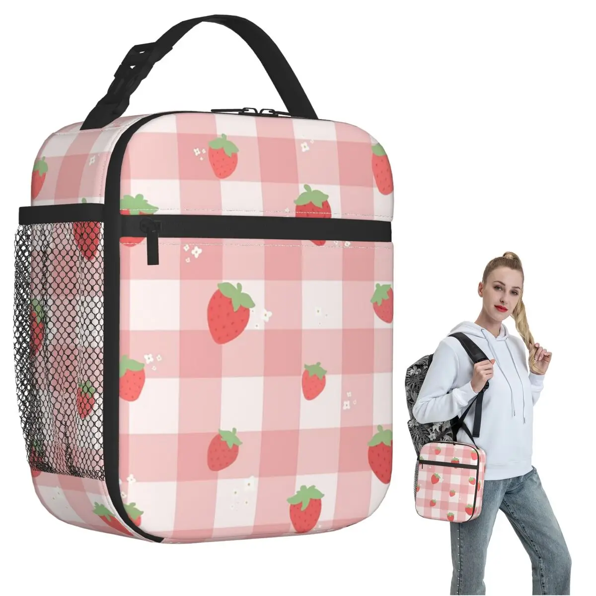 Strawberry Plaid Insulated Lunch Bag for Women Kids Portable Food Boxes Thermal Lunch Box Tote