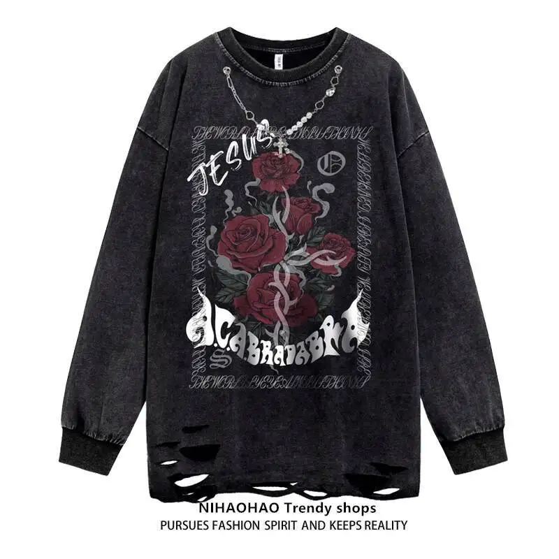 

Gothic Punk Unisex T-shirt Original Trendy Retro Washed Distressed Long Sleeve T Shirt Man Women Niche Hole Design Sweatshirt