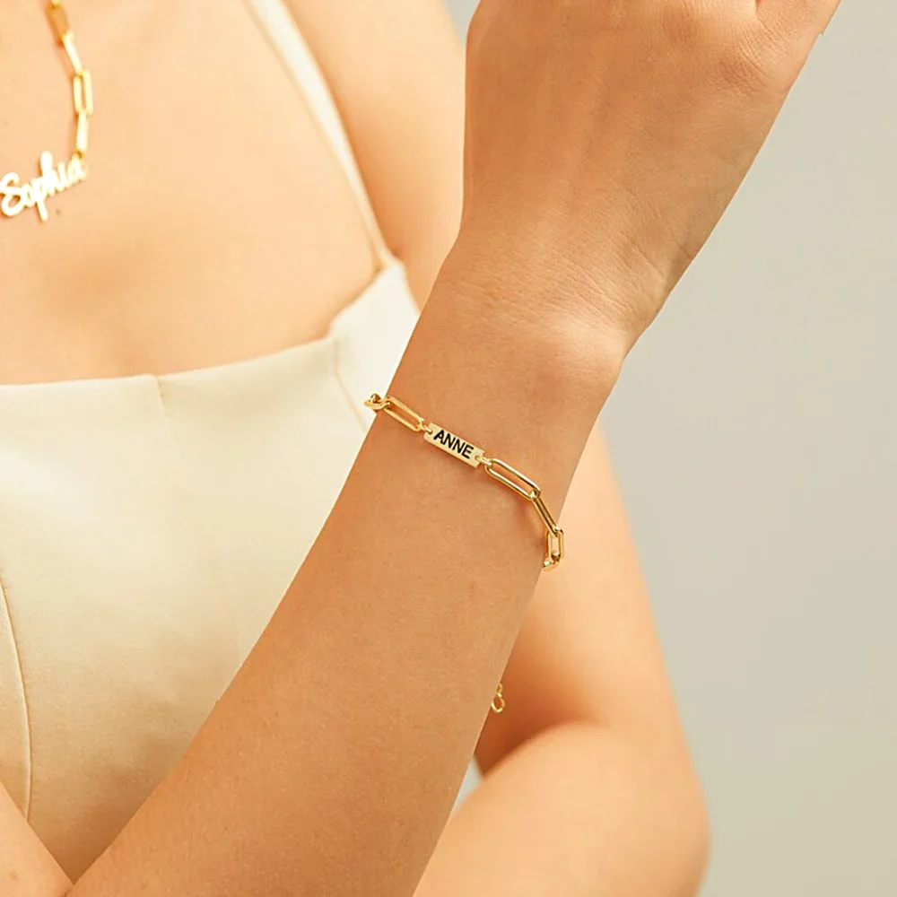 

Custom Stainless Steel Engraved Bracelet for Women Gold Paper Clip with Name Couple Customized Gifts for My Boyfriend baby