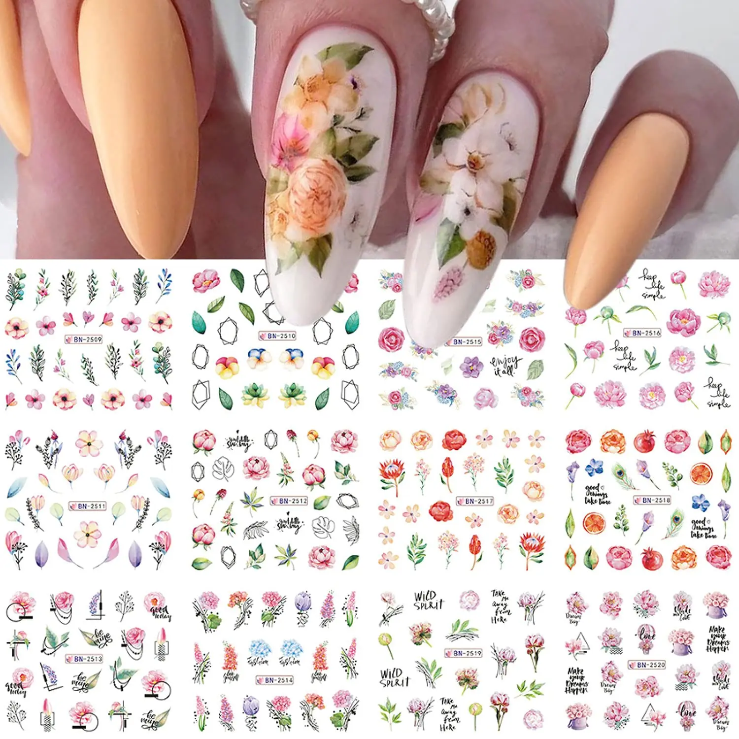 12patterns Flower Nail Art Stickers Spring Summer Water Transfer Sticker Decals Blossom Flowers Leaves Nail Art Decoration