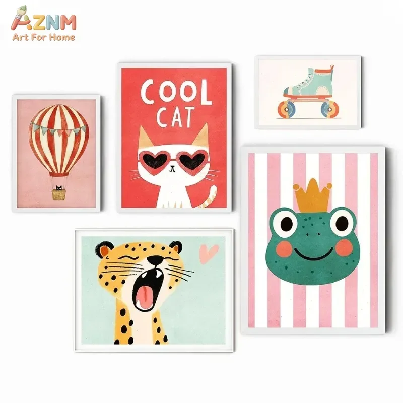 AZNM Cute Cartoon Animal Canvas Wall Art Cool Cat Frog Hot Air Balloon Roller Skate Poster Print Kids Nursery Decor Unframed Can