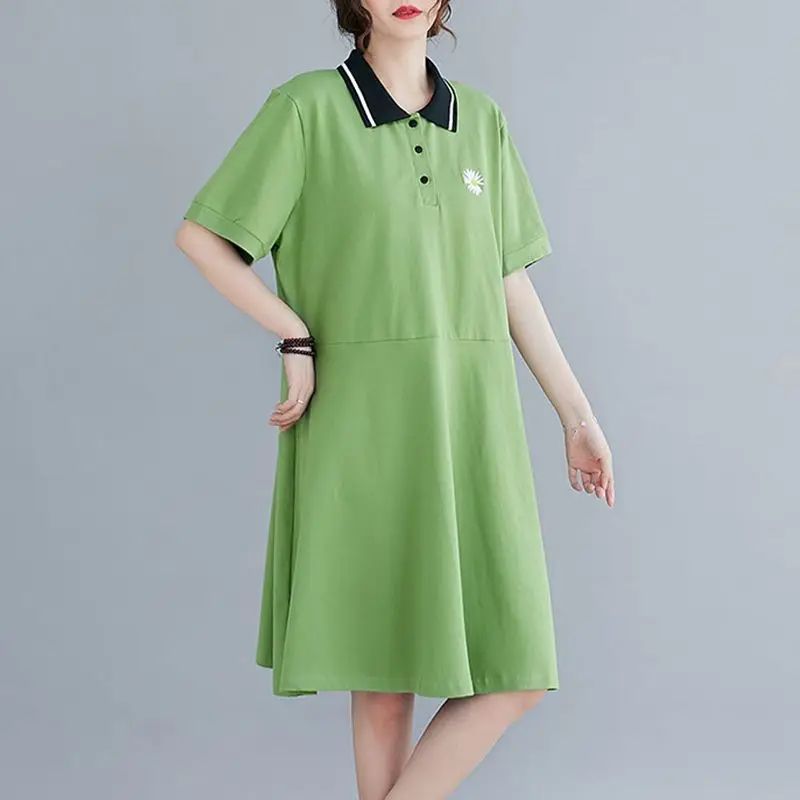 Frauen Kleidung Sommer Mode Stickerei Polo Kragen T-Shirt Kleider weibliche lässige Streetwear Kurzarm lose Midi-Kleid