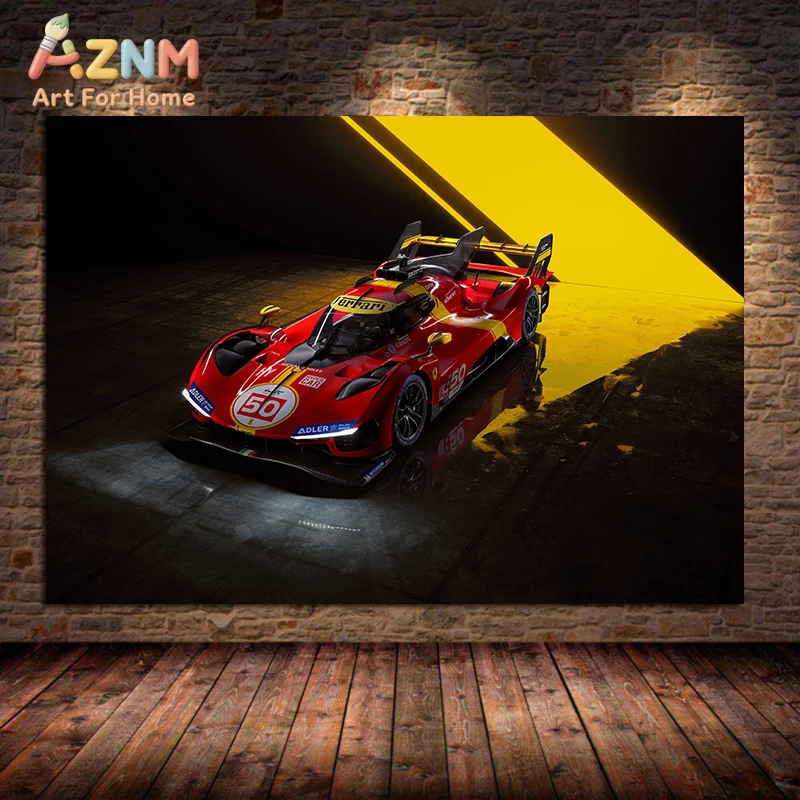 AZNM Ferrari 499P # Impresión artística de pared de 50 Le Mans Hypercar, póster de lienzo sin marco, foto de estudio de coche de carreras de resistencia rojo y amarillo