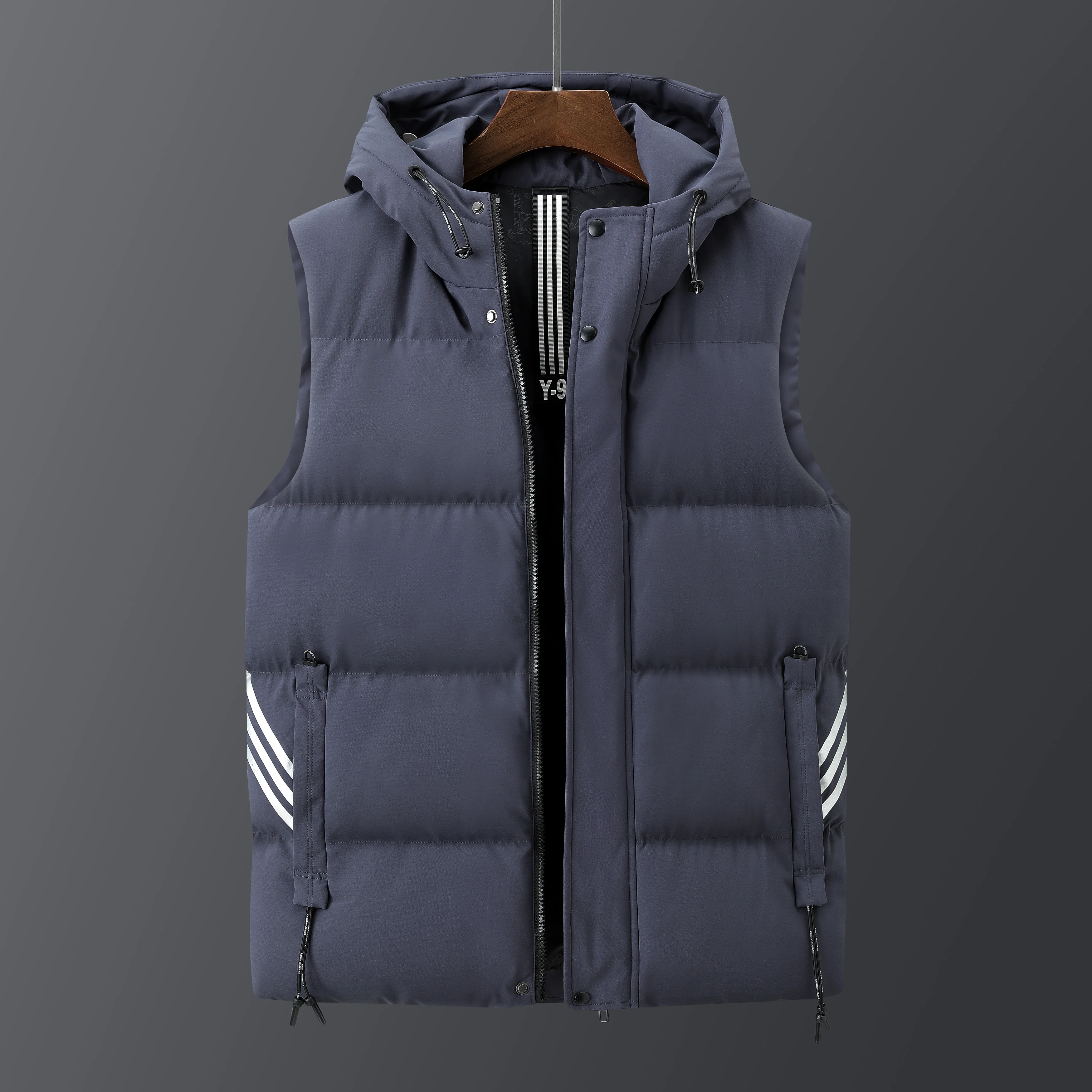 Men's Drawstring Hooded Thick Pocket Solid Color Vests Winter New Fashion Trendy Striped Sleeveless Zipper Button Cardigan Coats