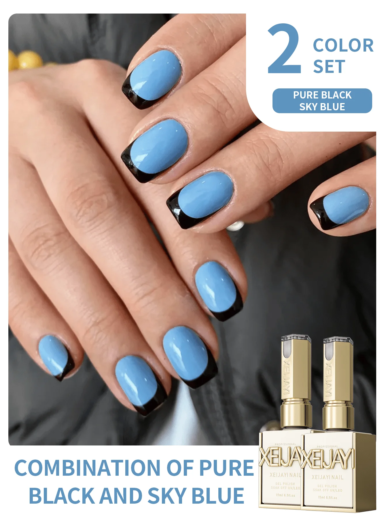 XEIJAYI 2 pièces 15ml nouveau populaire noir et bleu couleur Gel vernis à ongles ensemble, UV LED trempage vernis à ongles, adapté au bricolage à la maison