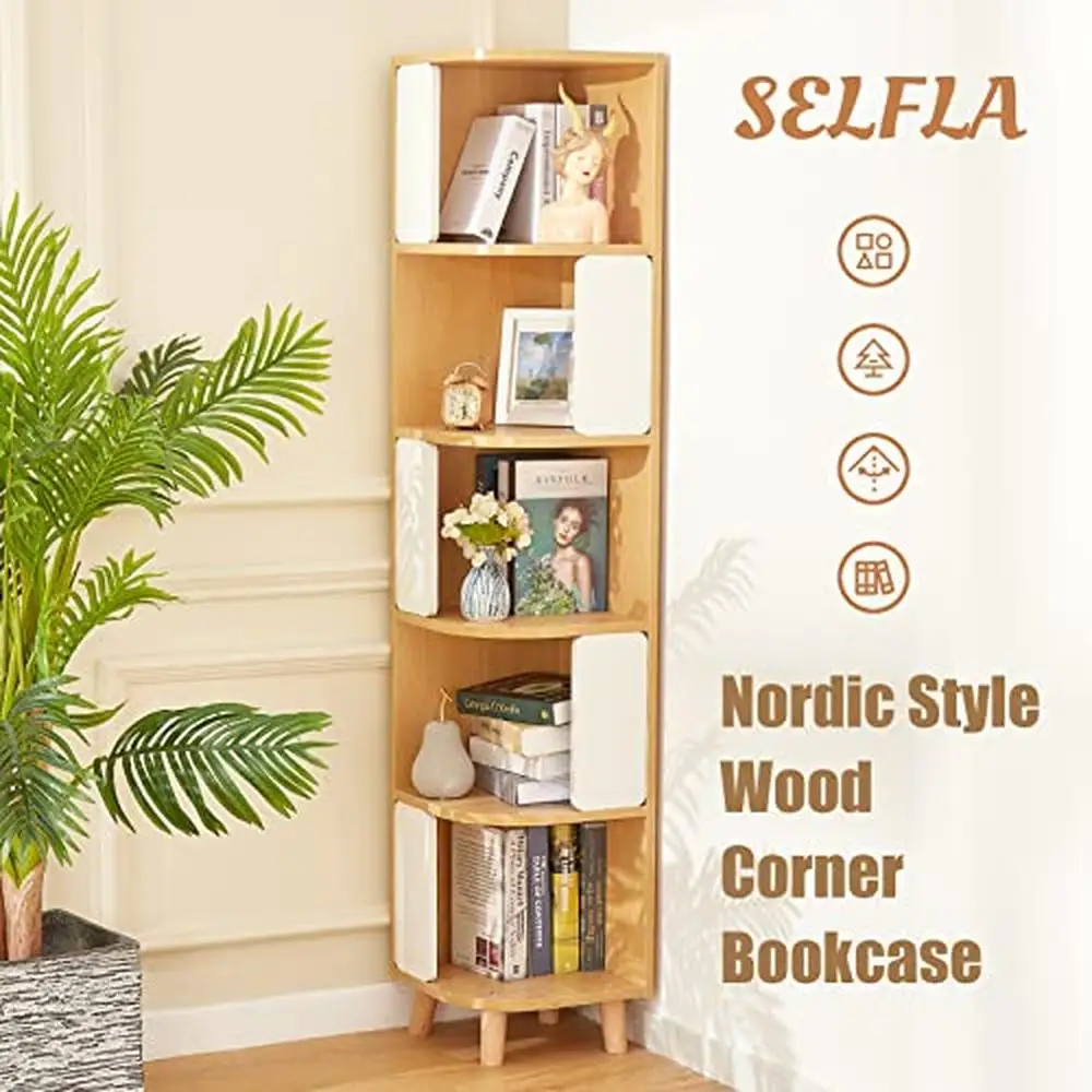 5-Tier Wood Corner Bookshelf Nordic Style Tall Shelf with Thickened Layers Standing Bookcase Living Room Bedroom Study Office