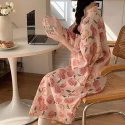 Women Robe Peach Print Sleepwear V-Neck Bathrobe Kimono Robes with Belt Korean Night Dress Bridesmaid Dressing One Piece Pajamas