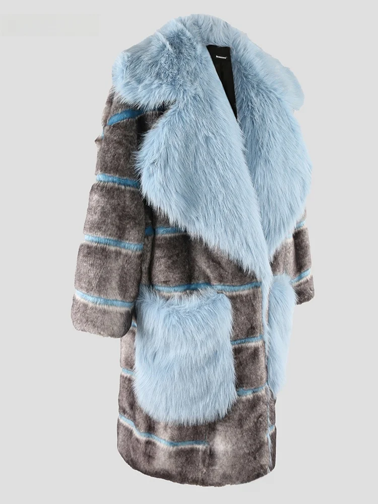 Nerazzurri Blue Plush Long Coat Women's Fashion Loose Fit Color Block Fake Fur Collar Coat Korean Style Autumn Winter Outerwear