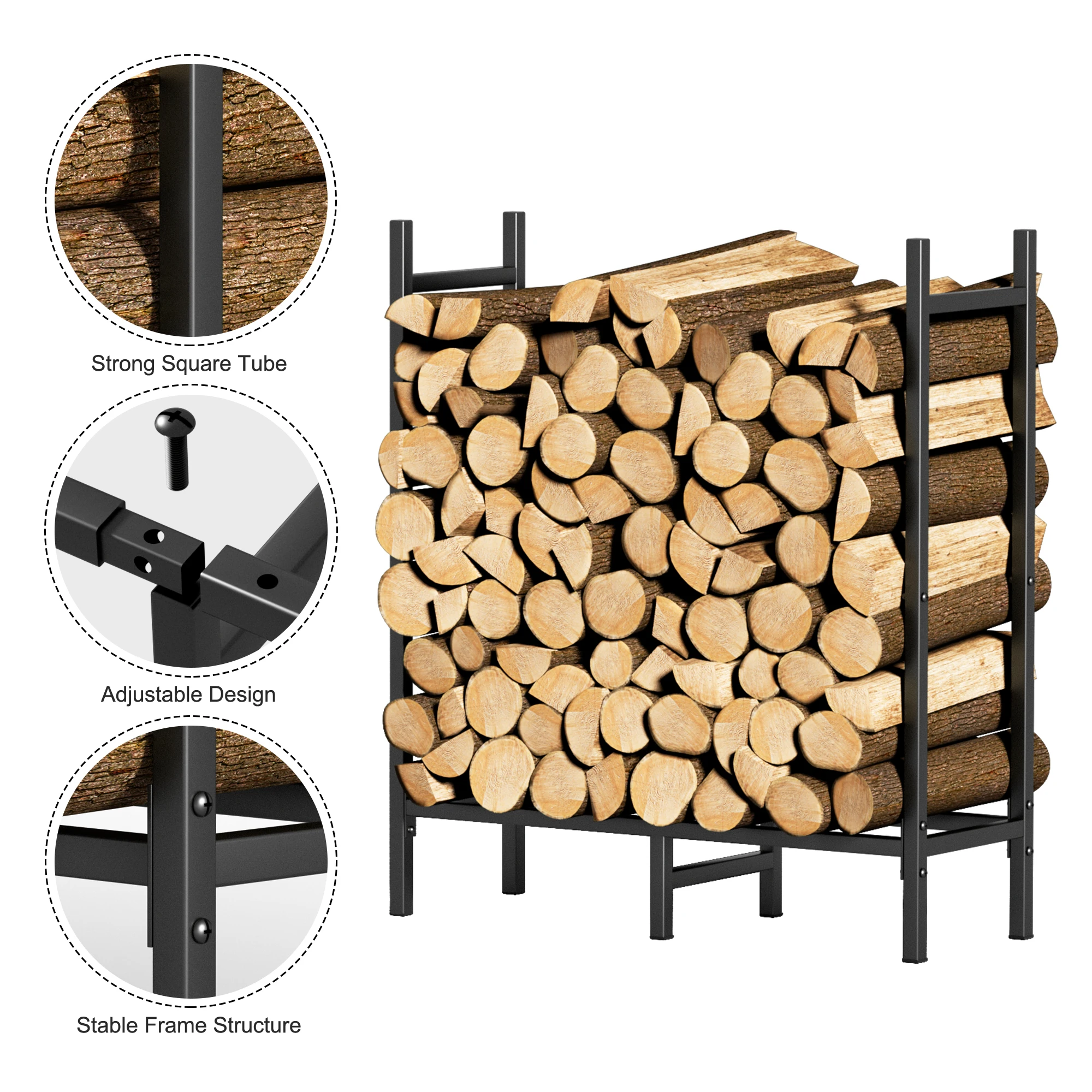 5.3ft Outdoor Steel Firewood Log Rack Wood Storage Holder for Fireplace Heavy Duty