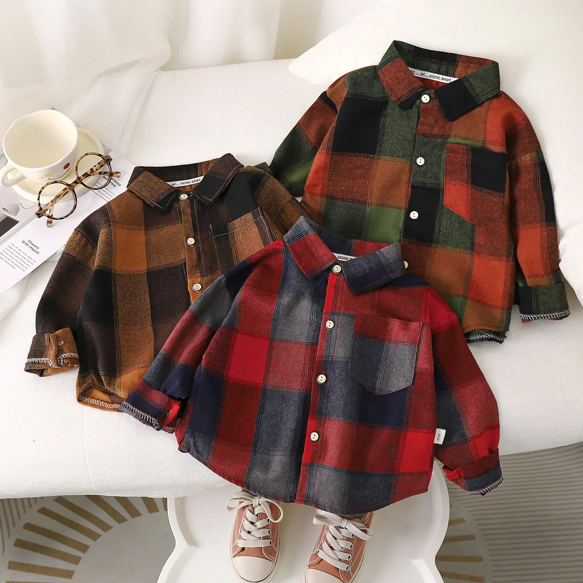 Autumn Toddler Boys Plaid Shirts Cotton Contrast Long Sleeve Infant Babys Boys Outwear Coat Loose Turn Down Collar Kid Boys Tops