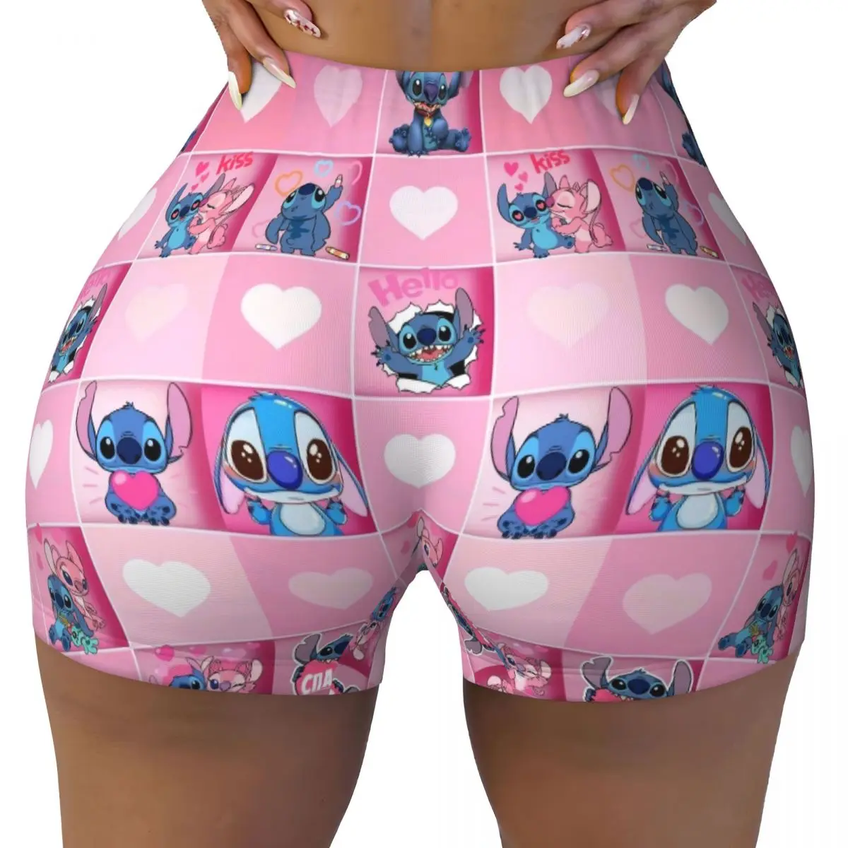 

Pink Lilo And Stitch High Waist and Hip Yoga Shorts for Women Cartoon Running Biker Fitness Workout Gym Pants Tights
