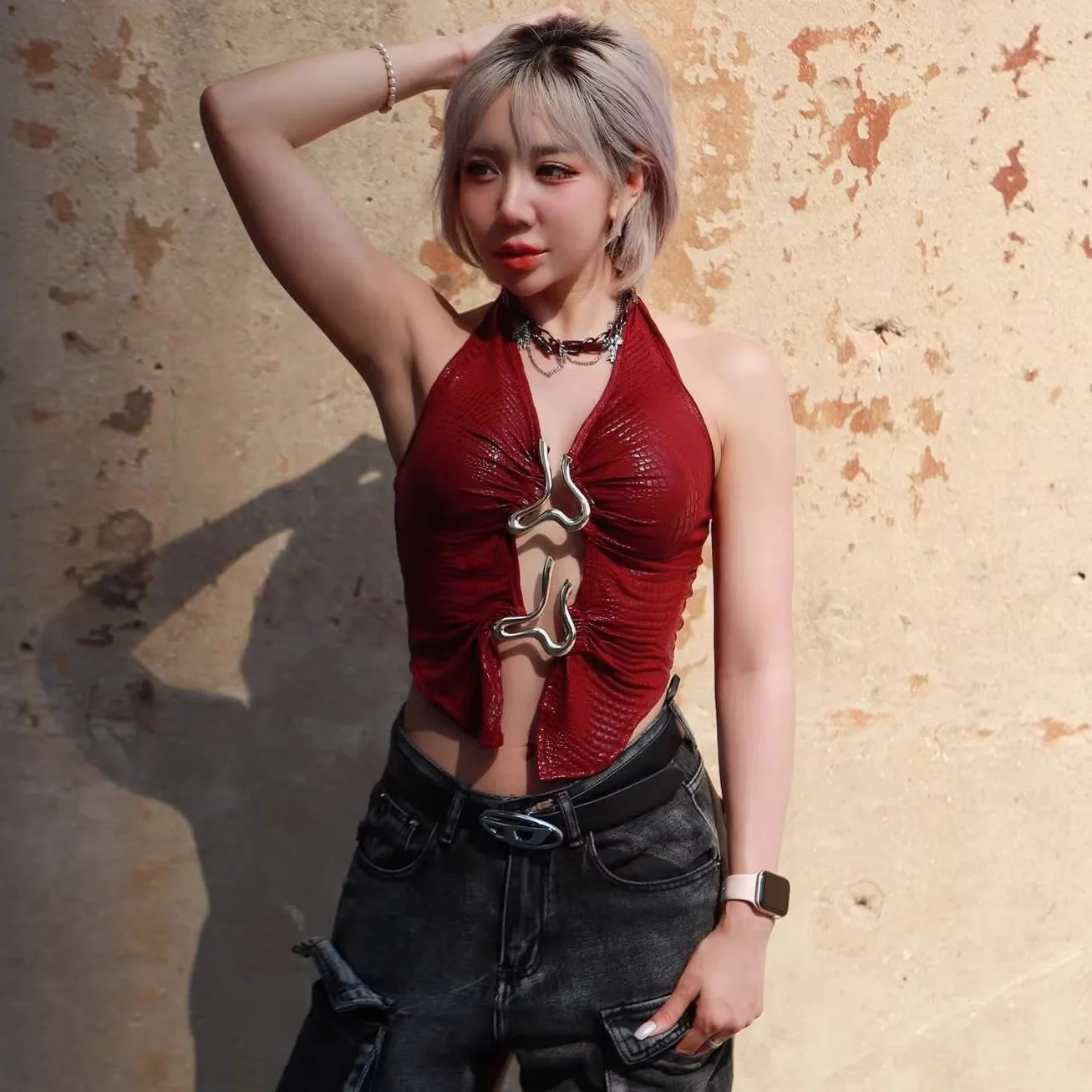 

New Solid Color INS Hot Metallic Decoration Slim-fit Sexy Hollow-out Strapless Backless Tank Top Women's Clothing