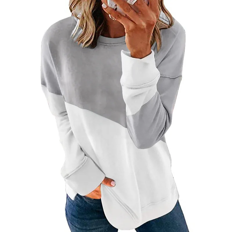Autumn new color blocked long sleeved round neck contrasting loose hoodie T-shirt top for women