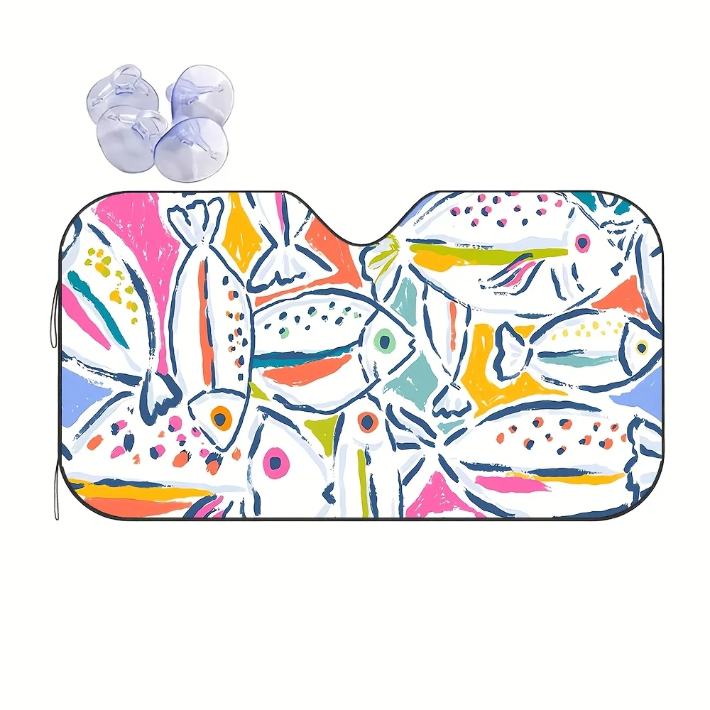 1pc, Colorful, Stylish, and Minimalist Cartoon Little Fish Themed Pattern Car Sunshade, Front Windshield Sun Visor