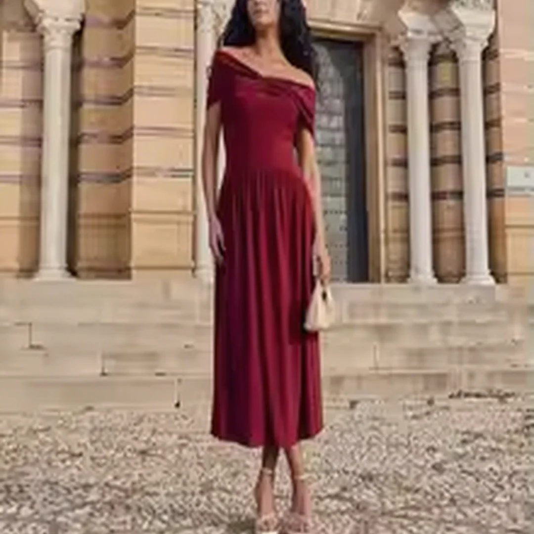 

Customized Modern Women's Evening Dresses Off The Shoulder A Line Tea Length Simple Evening Gowns Elegant Party Dress