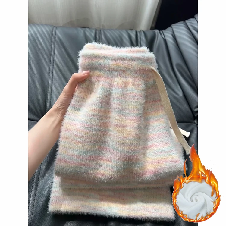 Rainbow Dot Soft And Thiened Women's Casual Pants High Waist Elastic Knitted Wide Leg Pants Korean Sle Autumn Winter New ...