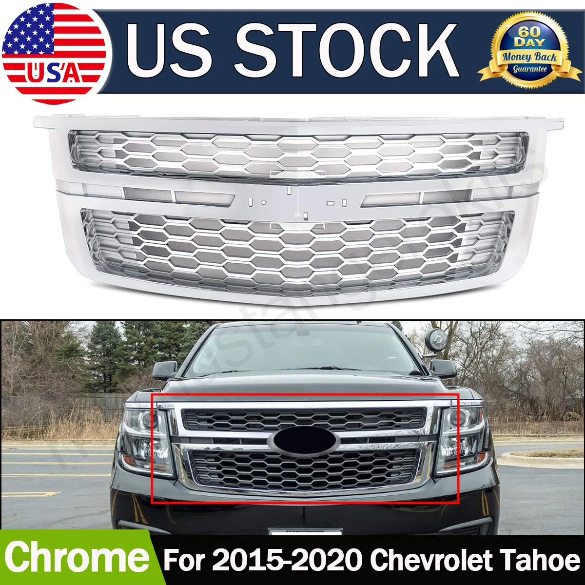 SAIQINGSP 1Pcs Front Bumper Upper Grille Grill fit for 2015-2020 Chevy Tahoe Chrome Direct Replacement Car Accessories Tools