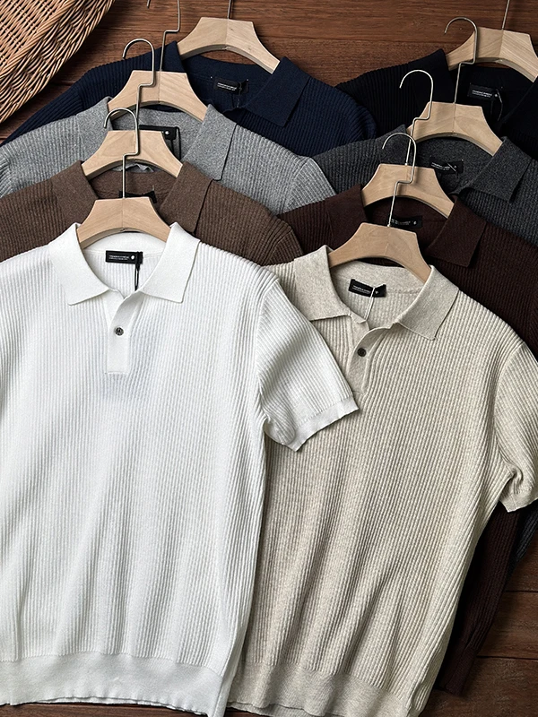  Quality Men's Soft Fine Knitted  Shirt Short Sleeve Texture Stripes Spring Summer New Arrival Breathable Cotton...
