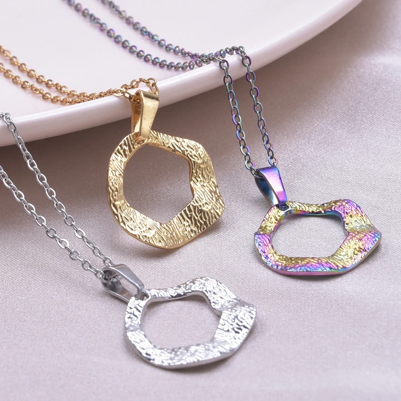 Glowcat Brief Texture Fashion Stainless Steel Necklace Irregular Geometry Circular Hollowing For Women Elegant Clavicle Chain