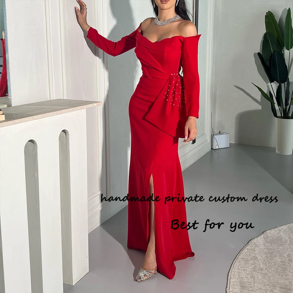 

Red Mermaid Evening Dresses 3/4 Sleeve Off Shoulder Arabic Dubai Formal Prom Dress with Slit Floor Length Wedding Party Gowns