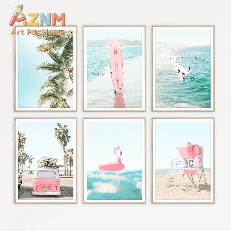 Strand-Surf-Poster, Retro-Strandlandschaft, Leinwandbild, Wandkunst, Bild für den Raum, nordische Dekoration für Zuhause und Büro, Wandgemälde.