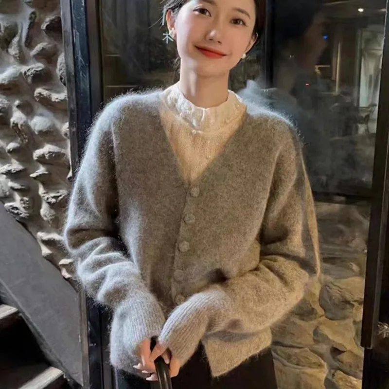 Solid Autumn Winter Cardigan Women 4 Color V-neck Gentle All-match Tops Knitting Female Chic Elegant Cozy Defined Waist Hot Sale