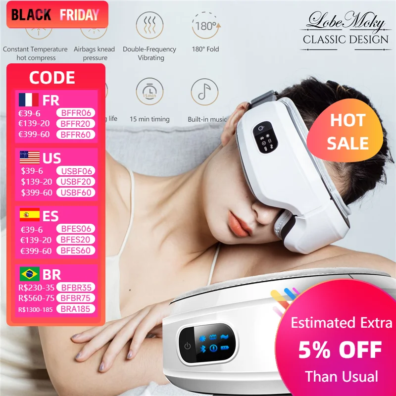 

Lobemoky Professional Eye Care Massage Bluetooth Music Vibration Fordable Air Pressure Eye Massage With Heat Compression