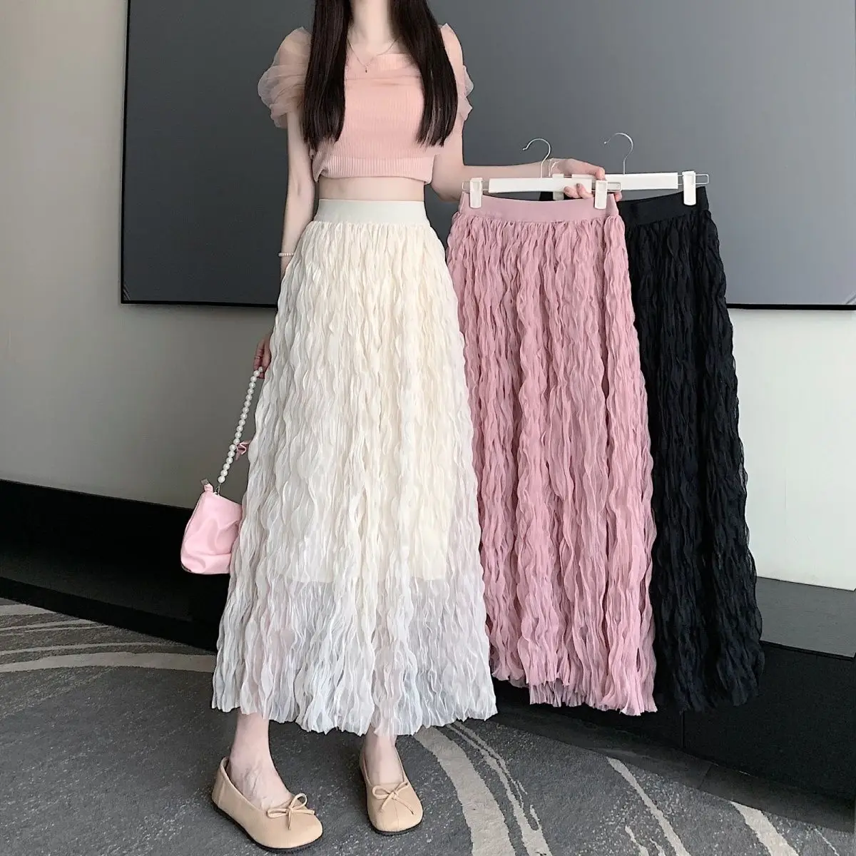 Gowyimme 2026 New Spring Summer Elegant Women High Waist Pleated Skirt All-match Girl Midi-long A-line Solid Skirts Fairy PD1866